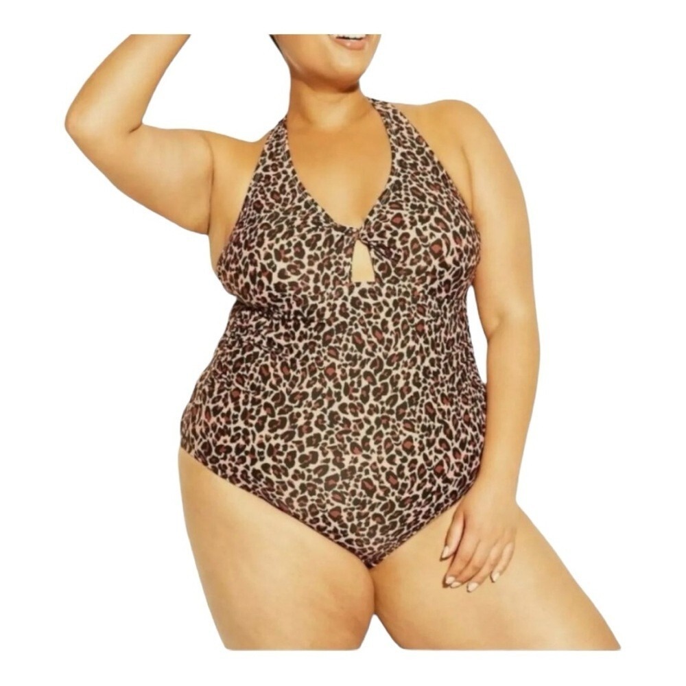 Kona Sol Leopard Print One Piece Swimsuit Womens 18W Brown Halter‎ Keyhole Back